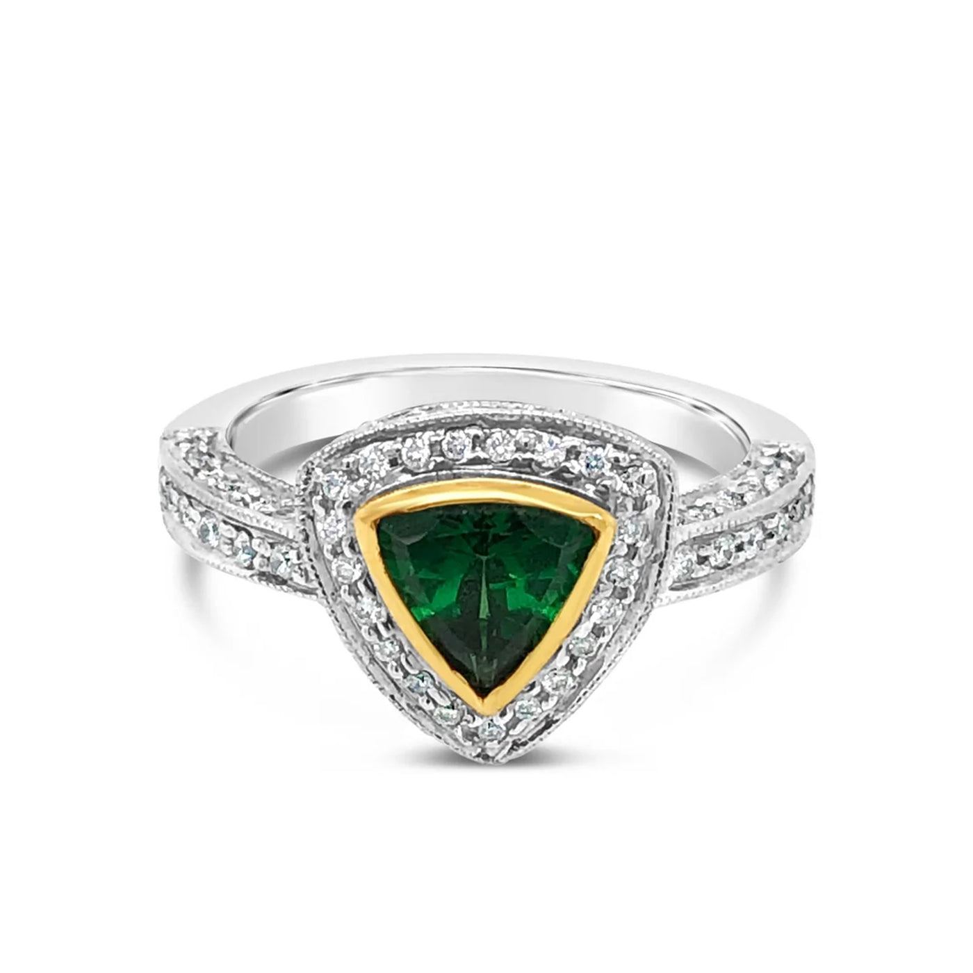 Tsavorite Trilliant with Yellow Gold Bezel and Diamond Accents Ring