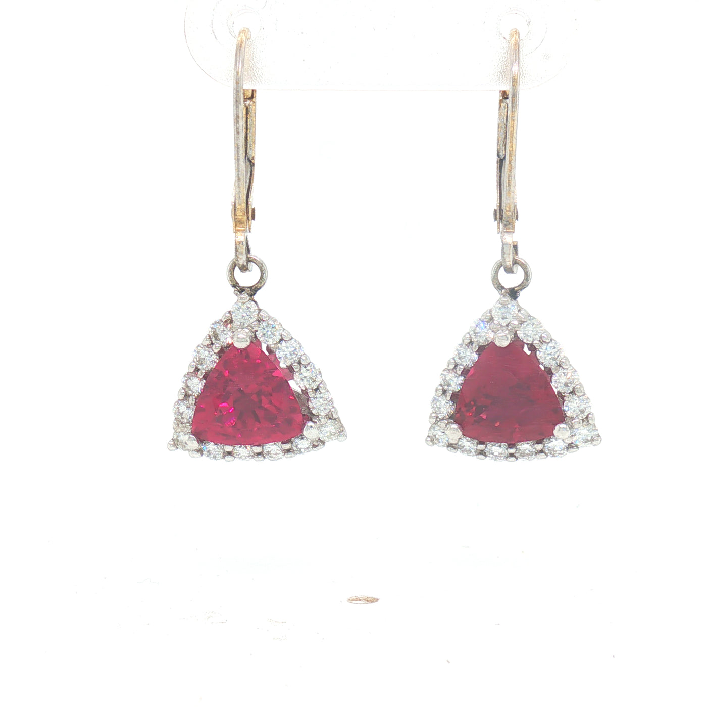 14k Rubellite tourmaline trillions w/dia halos dangle earrings