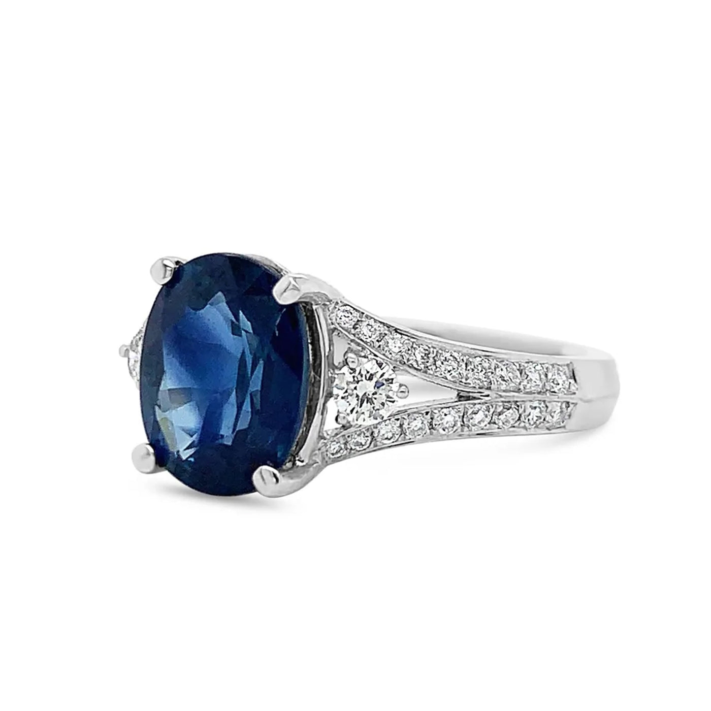 Oval Sapphire and Diamond Split Shank 18k White Gold Ring