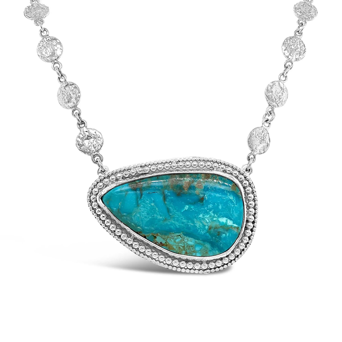Kingman Turquoise Sterling Beaded Bezel and Textured Disc Necklace
