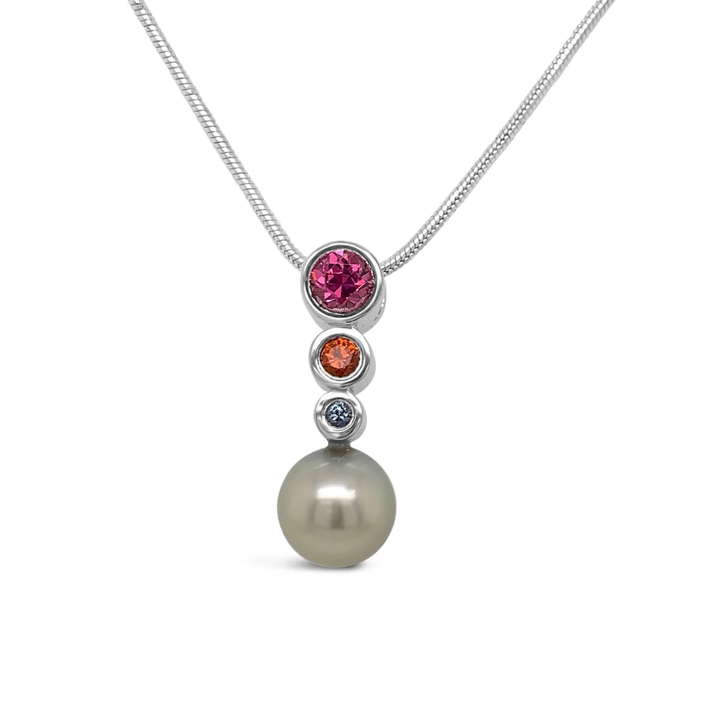 Sterling Bezel Set Multi-Colored Sapphires and Tahitian Pearl Pendant